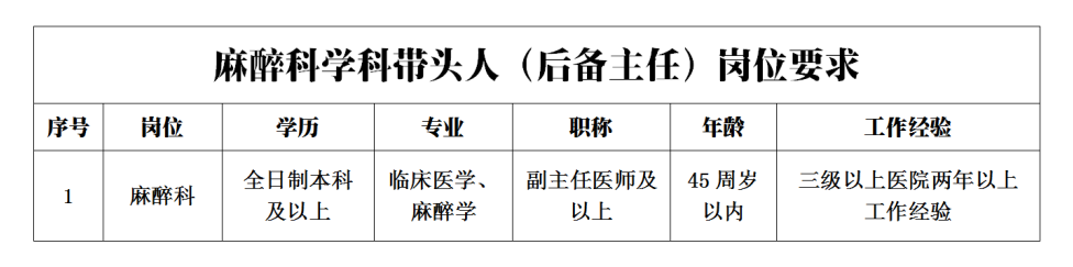 阜阳市妇女儿童医院2024年引进麻醉科学科带头人（后备主任）公告